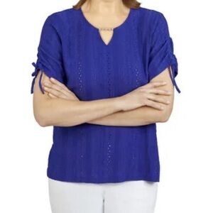 Alfred Dunner Blue Ruched Short Sleeve Blouse